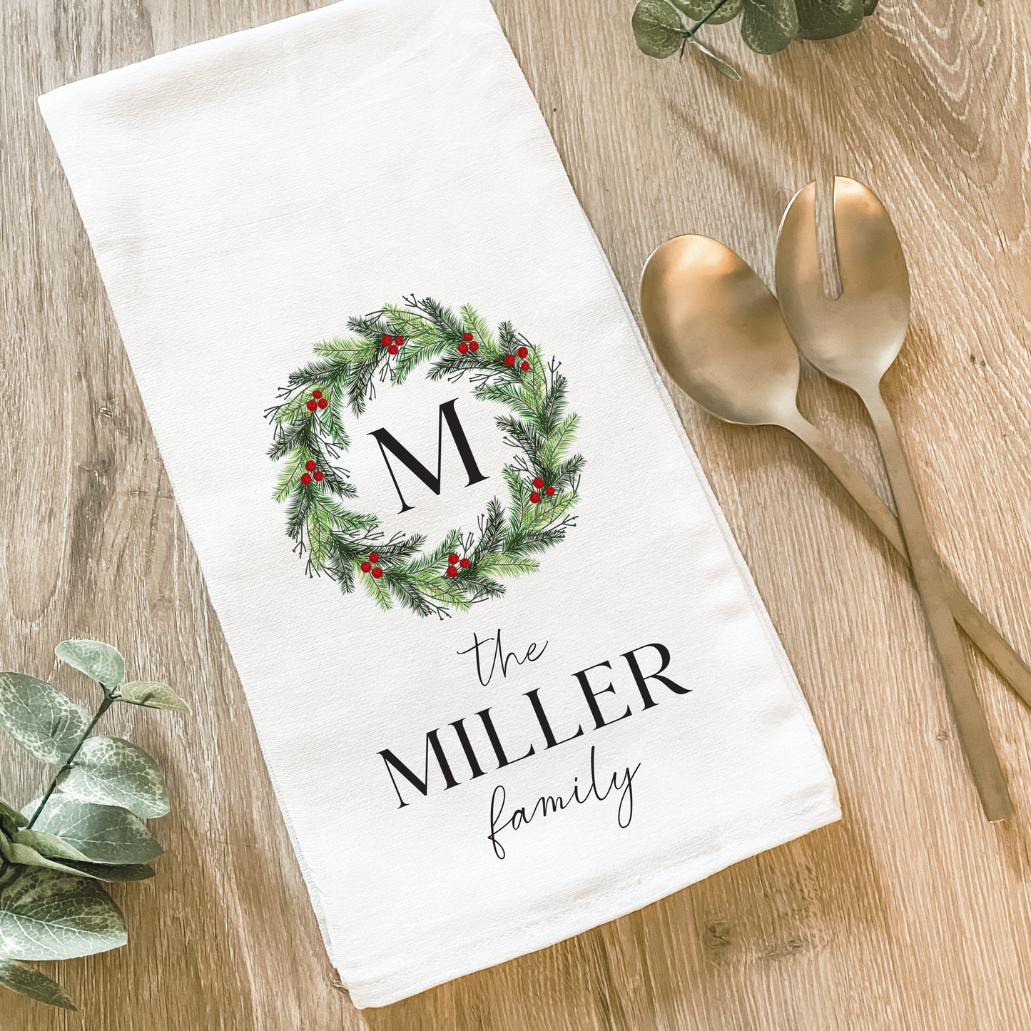 Custom Initial & Last Name Holiday Wreath - Cotton Tea Towel