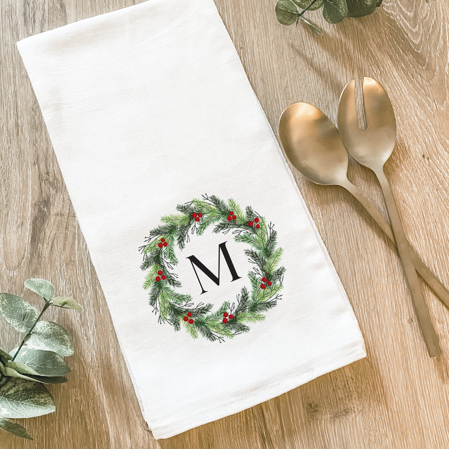 Custom Initial Holiday Wreath - Cotton Tea Towel