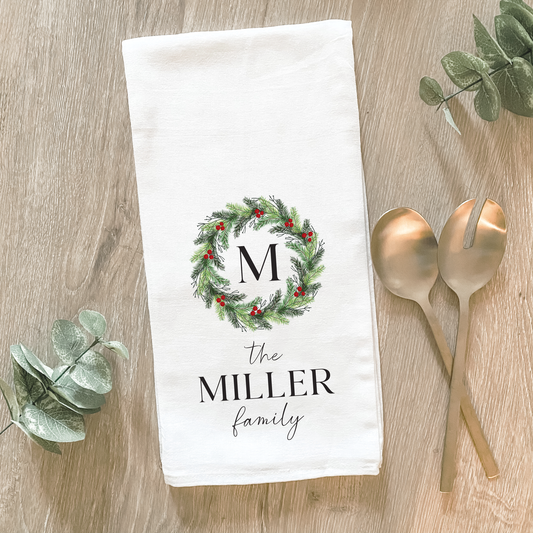 Custom Initial & Last Name Holiday Wreath - Cotton Tea Towel