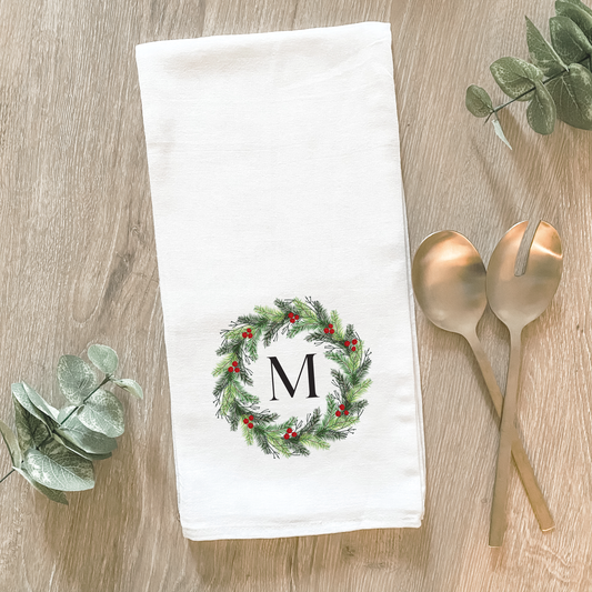 Custom Initial Holiday Wreath - Cotton Tea Towel