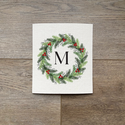 Custom Initial Holiday Wreath - Swedish Dish Cloth