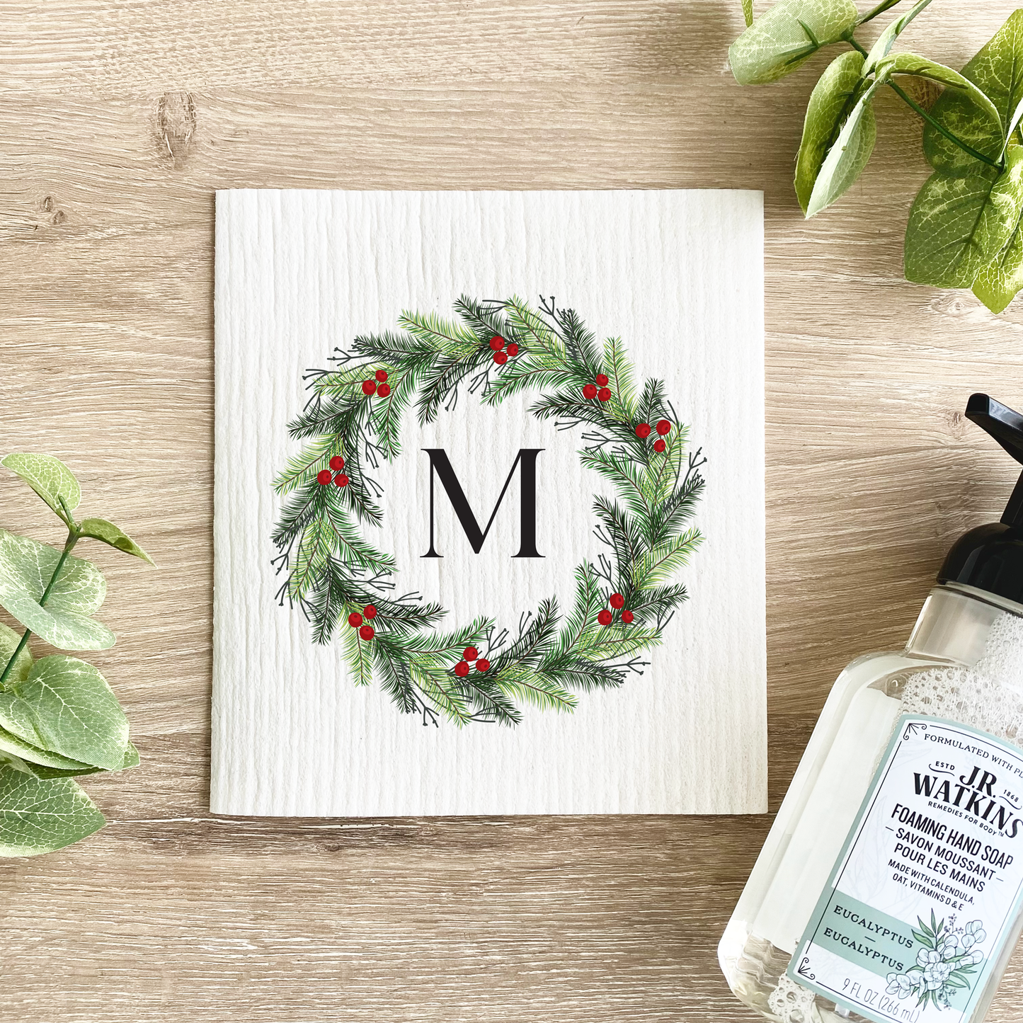 Custom Initial Holiday Wreath - Swedish Dishcloth