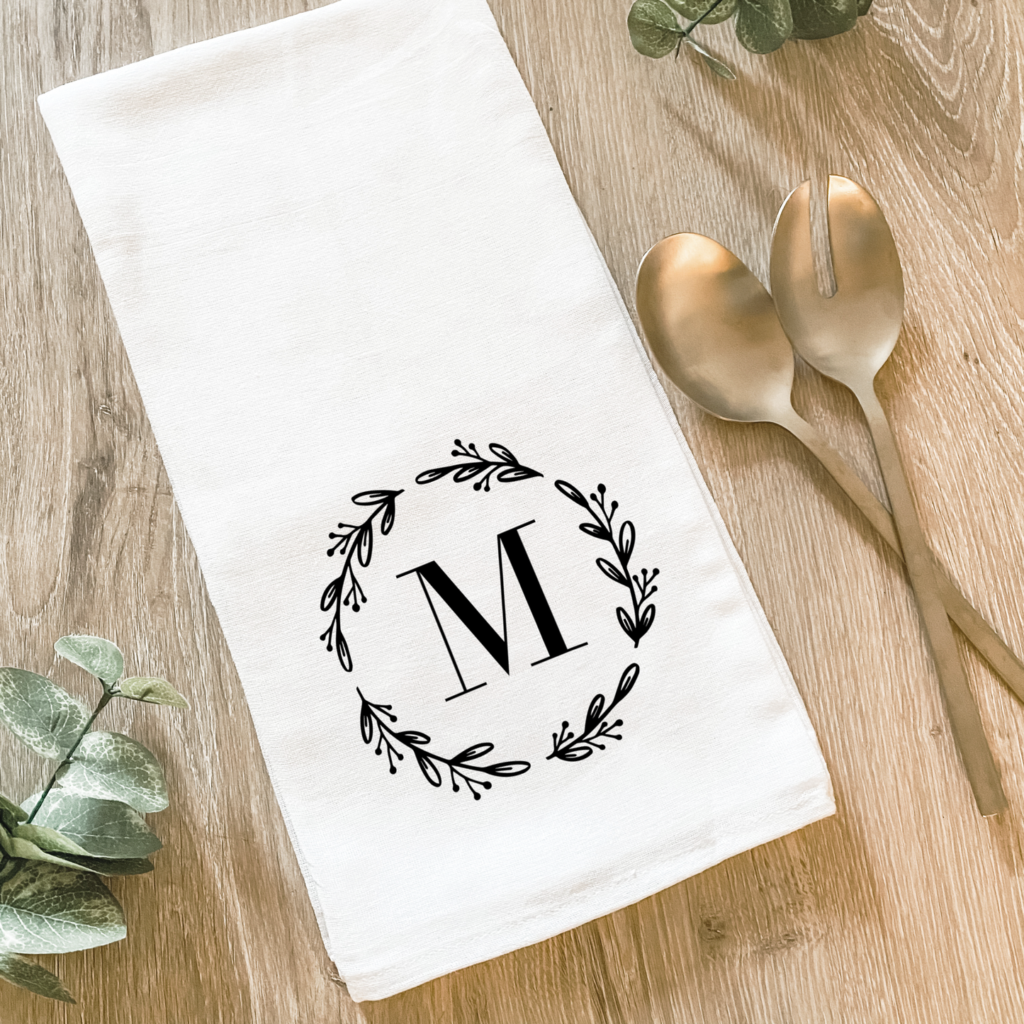 Custom Wreath Initial - Cotton Tea Towel