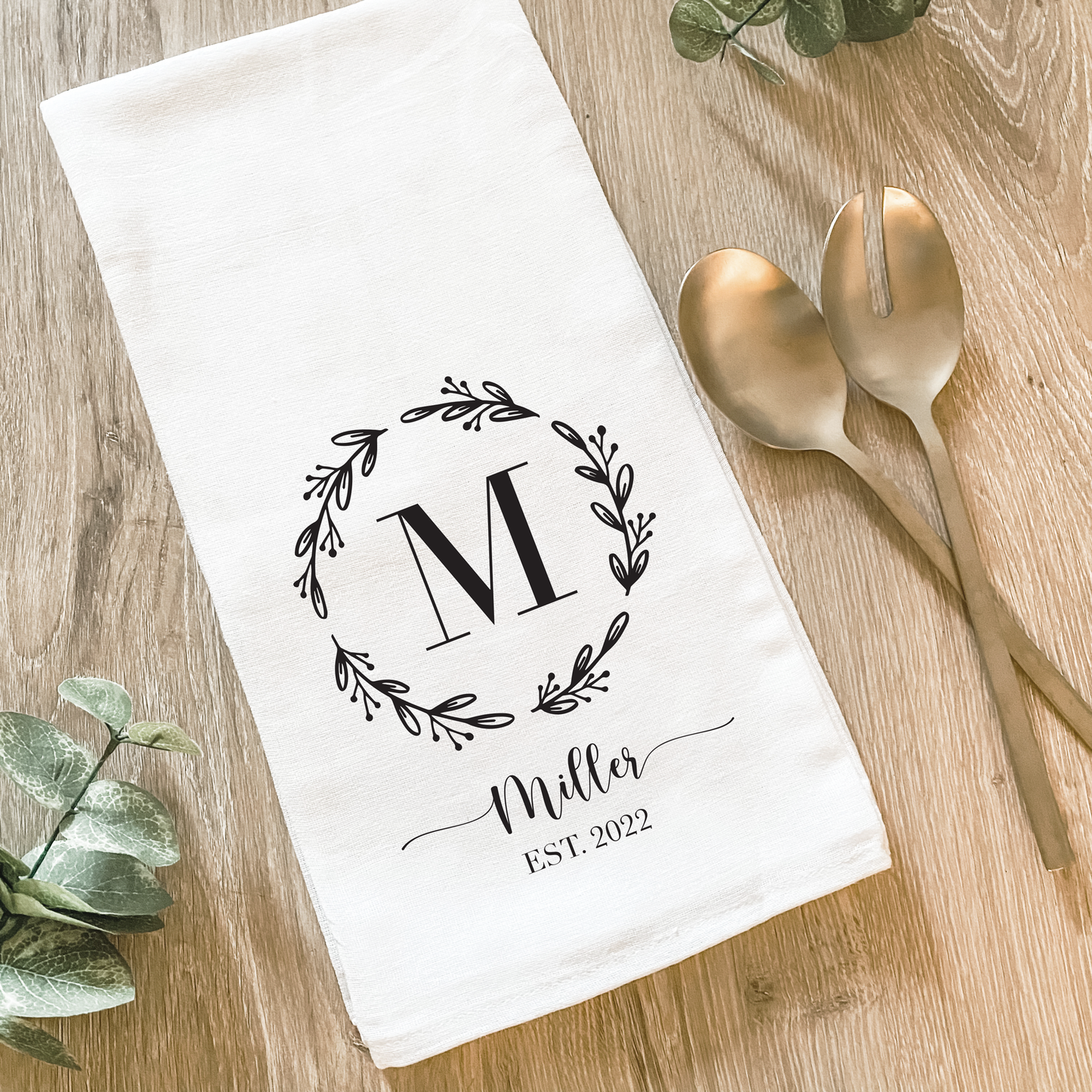 Custom Wreath Initial & Last Name - Cotton Tea Towel