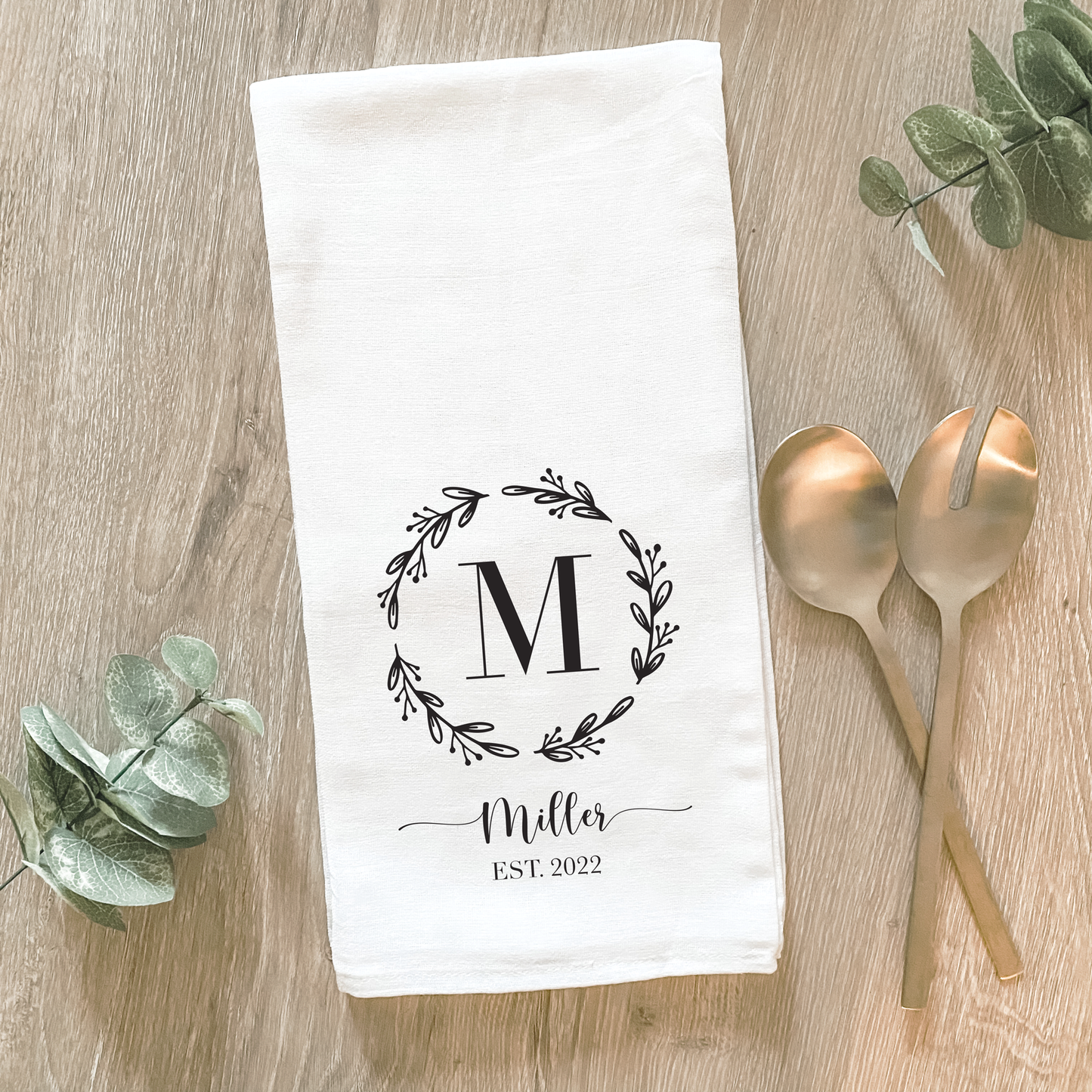 Custom Wreath Initial & Last Name - Cotton Tea Towel